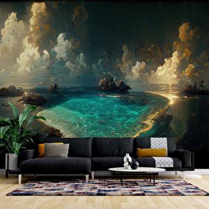 Gece Deniz Manzaralı Suluboya Çizim Duvar Kağıdı - Dkm995103 600x300 cm