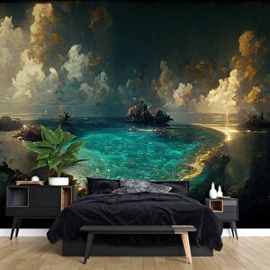 Gece Deniz Manzaralı Suluboya Çizim Duvar Kağıdı - Dkm995103 600x300 cm