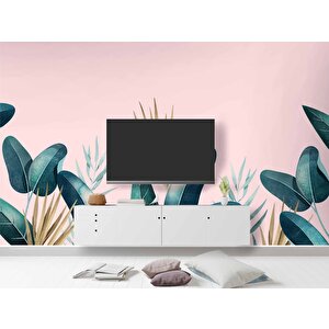 Pembe Zemin Ve Yeşil Yaprak Temalı Duvar Kağıdı Baskı - Dkm562065 100x280 cm