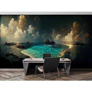 Gece Deniz Manzaralı Suluboya Çizim Duvar Kağıdı - Dkm995076