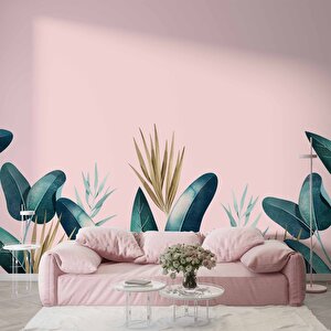 Pembe Zemin Ve Yeşil Yaprak Temalı Duvar Kağıdı Baskı - Dkm562005 225x200 cm