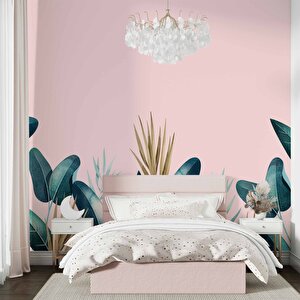 Pembe Zemin Ve Yeşil Yaprak Temalı Duvar Kağıdı Baskı - Dkm562005 225x200 cm