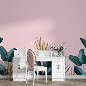 Pembe Zemin Ve Yeşil Yaprak Temalı Duvar Kağıdı Baskı - Dkm562005