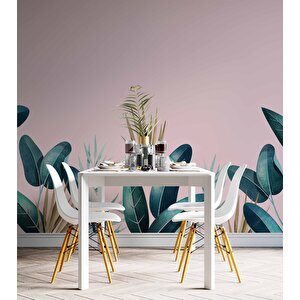 Pembe Zemin Ve Yeşil Yaprak Temalı Duvar Kağıdı Baskı - Dkm562076