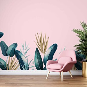 Pembe Zemin Ve Yeşil Yaprak Temalı Duvar Kağıdı Baskı - Dkm562076