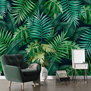 Yeşil Yaprak Desenli Sanatsal Duvar Kağıdı - Dkm459025