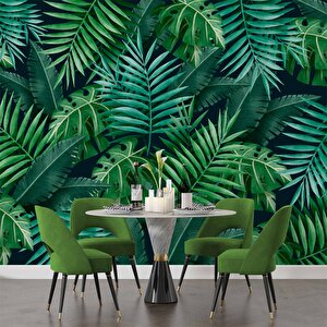 Yeşil Yaprak Desenli Sanatsal Duvar Kağıdı - Dkm459008