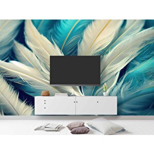 3 Boyutlu Mavi Beyaz Tüy Temalı Duvar Kağıdı Baskı - Dkm609098 450x300 cm