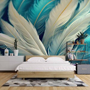 3 Boyutlu Mavi Beyaz Tüy Temalı Duvar Kağıdı Baskı - Dkm609106 900x300 cm