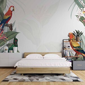 Papağan Ve Yeşil Yaprak Temalı Duvar Kağıdı Baskı - Dkm563012 400x200 cm