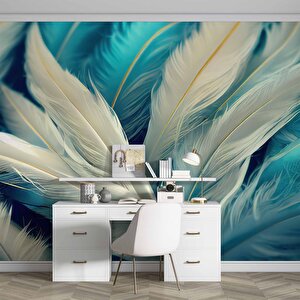 3 Boyutlu Mavi Beyaz Tüy Temalı Duvar Kağıdı Baskı - Dkm609064