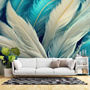 3 Boyutlu Mavi Beyaz Tüy Temalı Duvar Kağıdı Baskı - Dkm609032 375x240 cm