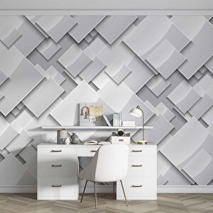 3 Boyutlu Beyaz Geometrik Kabartma Görünümlü Desenli Duvar Kağıdı - Dkm700018