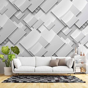 3 Boyutlu Beyaz Geometrik Kabartma Görünümlü Desenli Duvar Kağıdı - Dkm700068 225x280 cm