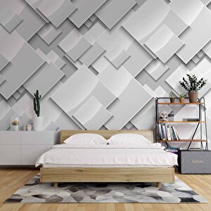 3 Boyutlu Beyaz Geometrik Kabartma Görünümlü Desenli Duvar Kağıdı - Dkm700028 275x240 cm