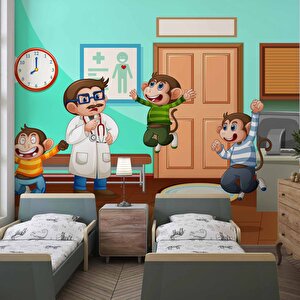 Doktor Ve Maymun Desenli Çocuk Oyun Odası Duvar Kağıdı Baskı - Dkm190022 900x200 cm