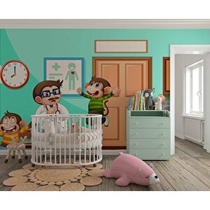 Doktor Ve Maymun Desenli Çocuk Oyun Odası Duvar Kağıdı Baskı - Dkm190022 900x200 cm