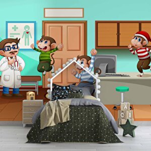 Doktor Ve Maymun Desenli Çocuk Oyun Odası Duvar Kağıdı Baskı - Dkm190022