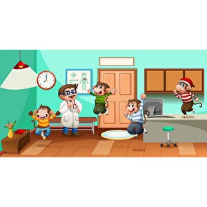 Doktor Ve Maymun Desenli Çocuk Oyun Odası Duvar Kağıdı Baskı - Dkm190022