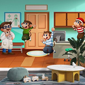 Doktor Ve Maymun Desenli Çocuk Oyun Odası Duvar Kağıdı Baskı - Dkm190123 550x315 cm