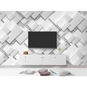 3 Boyutlu Beyaz Geometrik Kabartma Görünümlü Desenli Duvar Kağıdı - Dkm700065 100x280 cm
