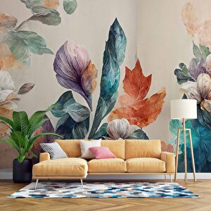 3 Boyutlu Pembe Çiçek Yeşil Yaprak Çizim Temalı Duvar Kağıdı - Dkm899121 500x315 cm