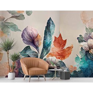 3 Boyutlu Pembe Çiçek Yeşil Yaprak Çizim Temalı Duvar Kağıdı - Dkm899121