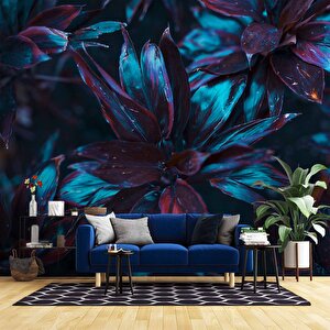 Koyu Mavi Yaprak Duvar Kağıdı Baskı - Dkm507062 700x260 cm