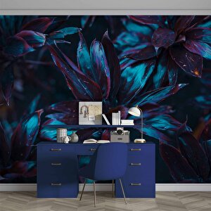 Koyu Mavi Yaprak Duvar Kağıdı Baskı - Dkm507082