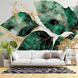 Beyaz Zemin Yeşil Yaprak Çizim Temalı Duvar Kağıdı - Dkm897094 350x300 cm