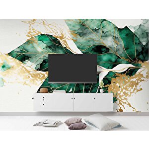 Beyaz Zemin Yeşil Yaprak Çizim Temalı Duvar Kağıdı - Dkm897087 150x300 cm