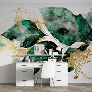 Beyaz Zemin Yeşil Yaprak Çizim Temalı Duvar Kağıdı - Dkm897071