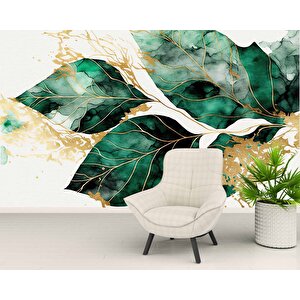 Beyaz Zemin Yeşil Yaprak Çizim Temalı Duvar Kağıdı - Dkm897071