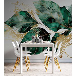 Beyaz Zemin Yeşil Yaprak Çizim Temalı Duvar Kağıdı - Dkm897046