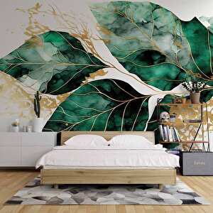 Beyaz Zemin Yeşil Yaprak Çizim Temalı Duvar Kağıdı - Dkm897013 425x200 cm