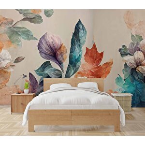 3 Boyutlu Pembe Çiçek Yeşil Yaprak Çizim Temalı Duvar Kağıdı - Dkm899004 200x200 cm