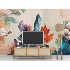 3 Boyutlu Pembe Çiçek Yeşil Yaprak Çizim Temalı Duvar Kağıdı - Dkm899004 200x200 cm