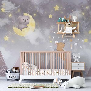 Ayıcı Ve Ay Desenli Çocuk Odası Duvar Kağıdı Baskı - Dkm177025 200x240 cm