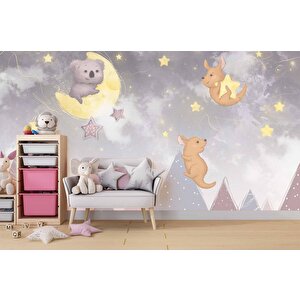 Ayıcı Ve Ay Desenli Çocuk Odası Duvar Kağıdı Baskı - Dkm177025