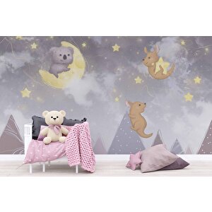 Ayıcı Ve Ay Desenli Çocuk Odası Duvar Kağıdı Baskı - Dkm177025