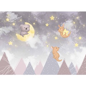Ayıcı Ve Ay Desenli Çocuk Odası Duvar Kağıdı Baskı - Dkm177025