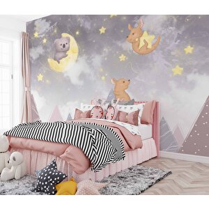 Ayıcı Ve Ay Desenli Çocuk Odası Duvar Kağıdı Baskı - Dkm177007 275x200 cm