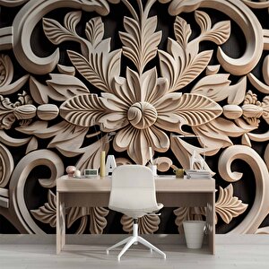 3 Boyutlu Çiçek Figürlü Ağaç Oyma Desenli Duvar Kağıdı - Dkm926030