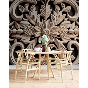 3 Boyutlu Çiçek Figürlü Ağaç Oyma Desenli Duvar Kağıdı - Dkm926082