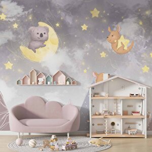 Ayıcı Ve Ay Desenli Çocuk Odası Duvar Kağıdı Baskı - Dkm177115 350x315 cm