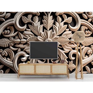 3 Boyutlu Çiçek Figürlü Ağaç Oyma Desenli Duvar Kağıdı - Dkm926122 525x315 cm
