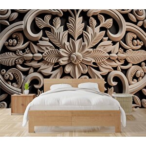3 Boyutlu Çiçek Figürlü Ağaç Oyma Desenli Duvar Kağıdı - Dkm926103 600x300 cm
