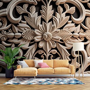 3 Boyutlu Çiçek Figürlü Ağaç Oyma Desenli Duvar Kağıdı - Dkm926005 225x200 cm