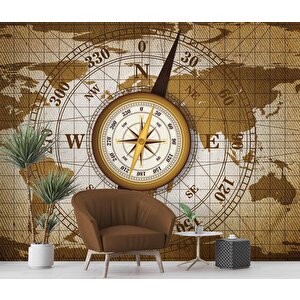 Dünya Haritası Zeminli Pusula Duvar Kağıdı Baskı - Dkm090045