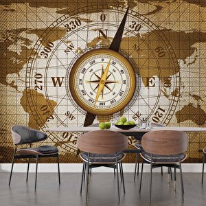 Dünya Haritası Zeminli Pusula Duvar Kağıdı Baskı - Dkm090058